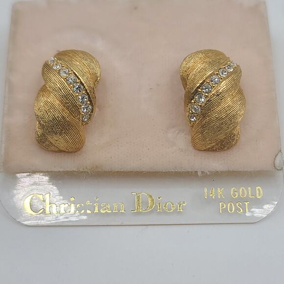 Vintage Christian Dior Earrings Rhinestone Half Hoops Signed Heavy - Picture 5 of 12
